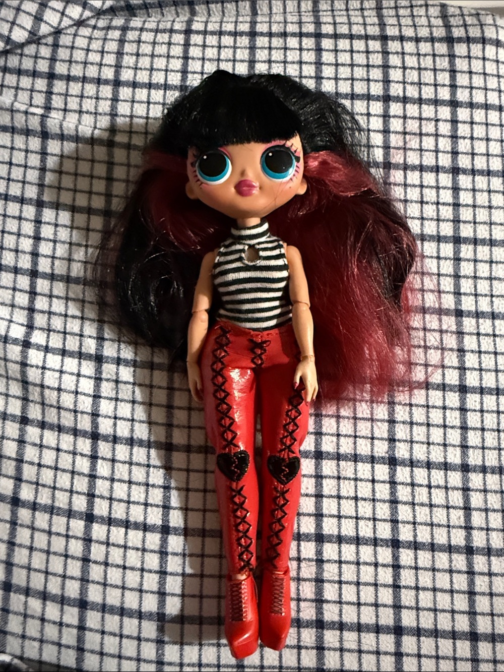 Black & Pink Hair Doll with Red Lace-Up Pants